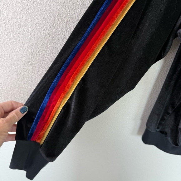 Aviator Nation Black Velour Hoodie Zip Front Sweatshirt Striped Sleeve Medium - Picture 7 of 14